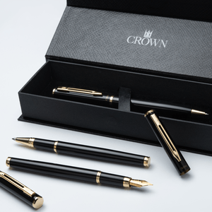Kit Premium Crown Capricci Preto | Esferográfica, Roller e Tinteiro 